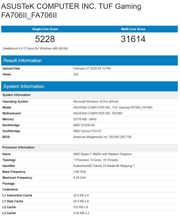 AMD锐龙7 4800H跑分成绩曝光可战i9